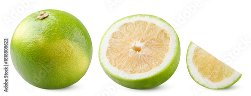 Set of citrus sweetie fruit, half and slice close-up on a white. Isolated