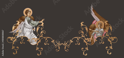 Fotografi Byzantine vintage border illustration with angelic design