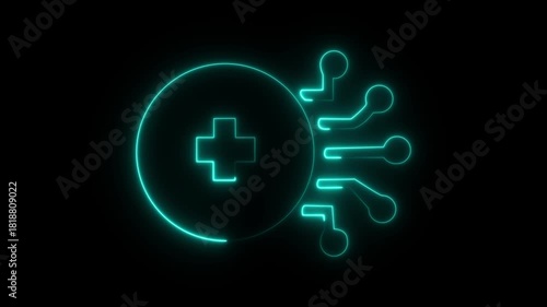 Abstract glowing neon AI Healthcare icon animation with dark background.Containing healthcare, virtual consultation, online doctor, remote healthcare, medical app, smart hospital and more.