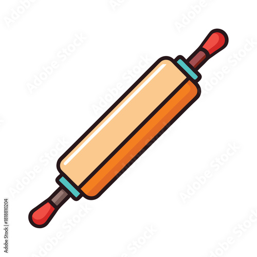 Wooden rolling pin with red handles on white background