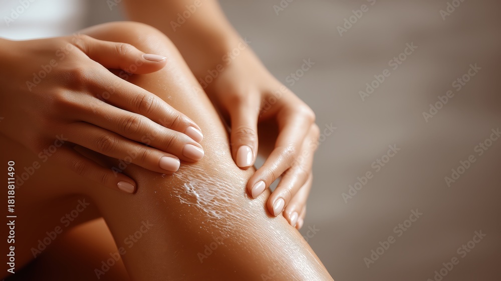 Fototapeta premium A close-up of a person applying moisturizer on their leg, highlighting skin texture and care.