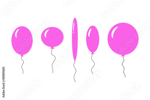 Flying ballons with rope. Pink ball isolated on white background. Balloon in flat style. Bunch of balloons for birthday and party, for celebrate and carnival. Vector