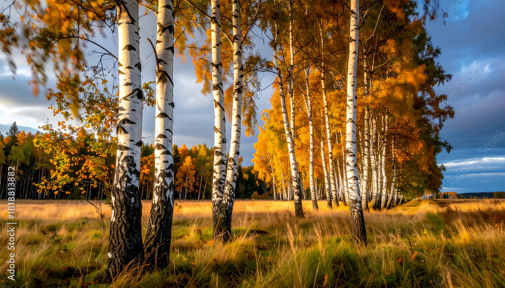Fototapeta premium Tall trunks of beautiful birches sway in the wind, creating a sense of movement, wallpaper