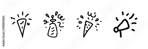 Party Celebration Icons Line Set In Doodle Style. Festive Event, Announcement, And Celebration Symbols Outline Sketch Collection. Hand Drawn Isolated Vector Illustration