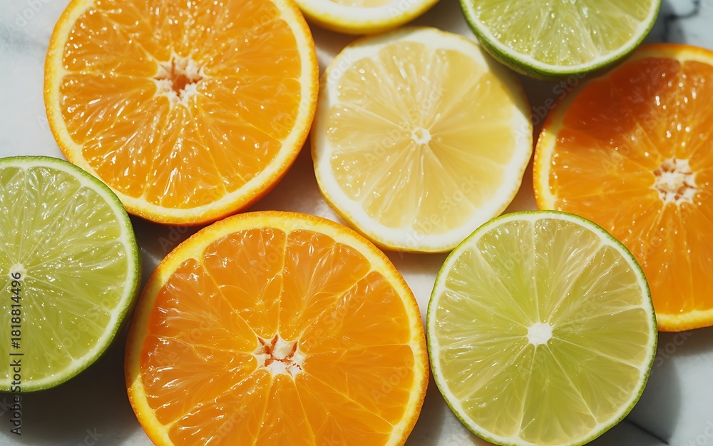 Obraz premium Close up of sliced citrus fruits on a marble surface