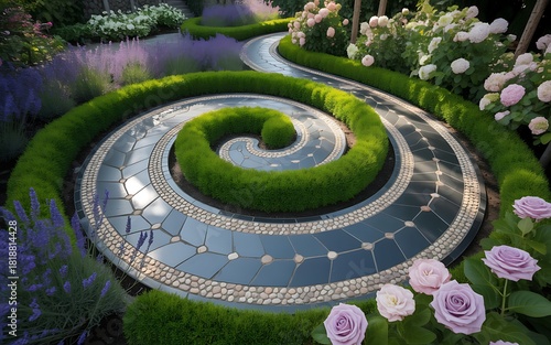 A beautiful spiral garden path with lavender and rose flowers