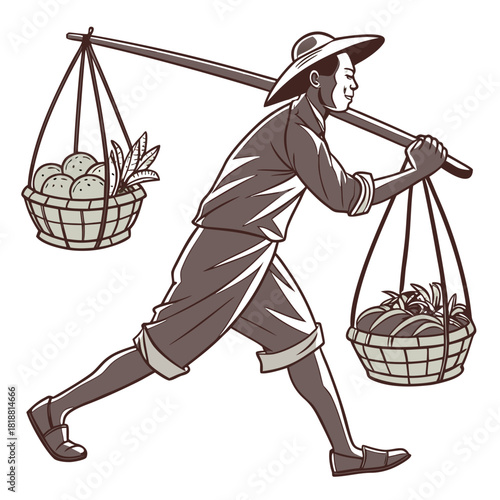 A smiling farmer wearing a conical hat carries baskets of fresh produce on a shoulder pole