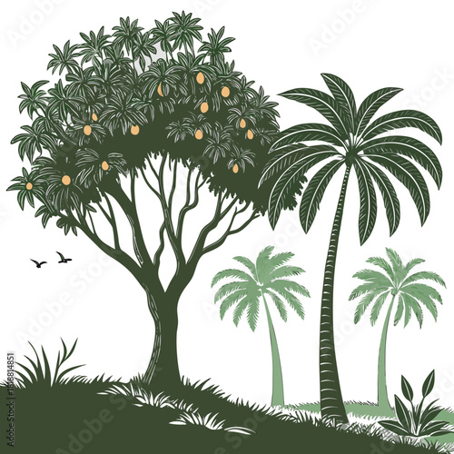 A lush tropical landscape featuring a fruit bearing tree and several palm trees with birds flying in the sky