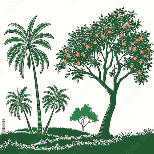 Stylized illustration of a tropical landscape featuring palm trees and a fruit bearing tree with oranges