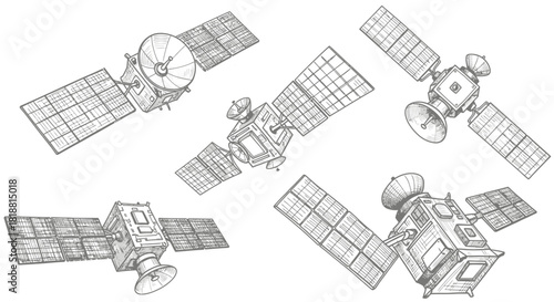 Set of Space Satellites Communications & Observation with Solar Panel Array in Detailed Line Art