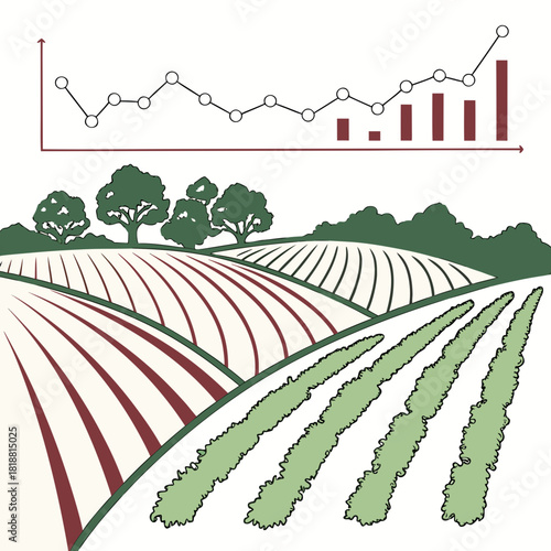 Stylized illustration of agricultural fields and trees with an upward trending line graph and bar chart representing growth