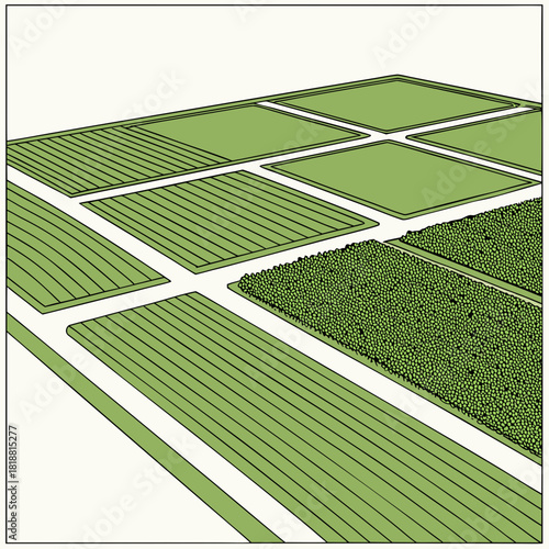 Aerial view of a stylized agricultural farm with different crops and fields in a green and white color palette