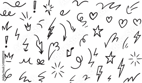 Set of cute line doodle comic design elements. Movement and motion expression, magic and light effect, heart, star shape sketch black and white