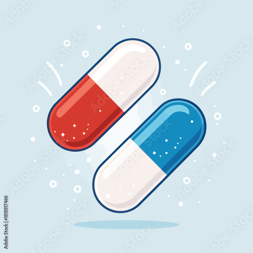 Split capsule halves floating apart as vector concept illustration