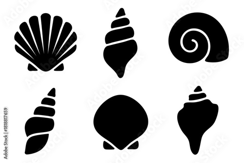 Different sea shells silhouette icons set simple design. Vector stock illustration.
