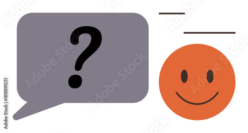 Question mark inside speech bubble next to orange smiling face implies problem-solving, conversation, and positivity. Ideal for communication, support, feedback, learning, teamwork, connection