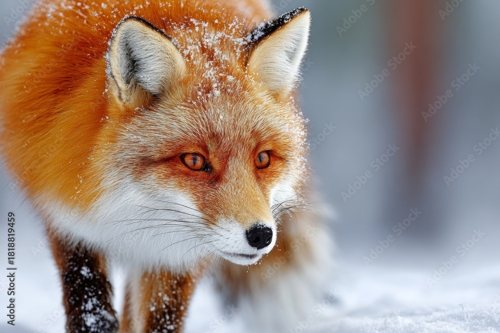 Naklejka premium Majestic Red Fox Foraging in a Winter Wonderland, Capturing the Beauty of Nature s Untamed Spirit