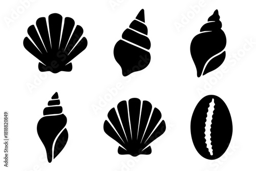 Different sea shells silhouette icons set simple design. Vector stock illustration.
