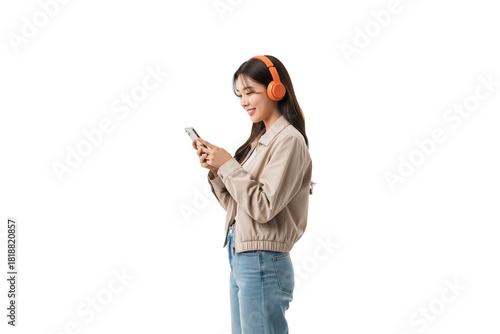 A happy young Asian woman wearing orange headphones listens to music and uses her smartphone