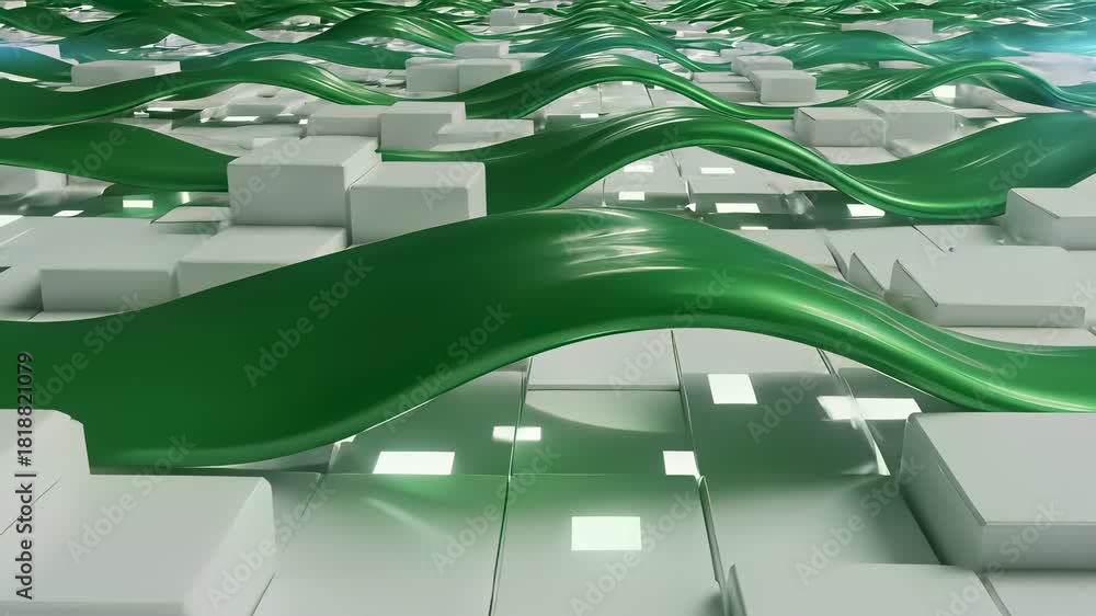 Cubes Ripple Vidéo Stock Geometric green waves ripple across white cubes, blocks ...