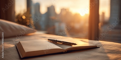 Open Book and Pen on Bed with City View at Sunset.