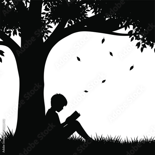 Silhouette of a child engrossed in reading under a tree, enjoying a moment of leisure with falling leaves