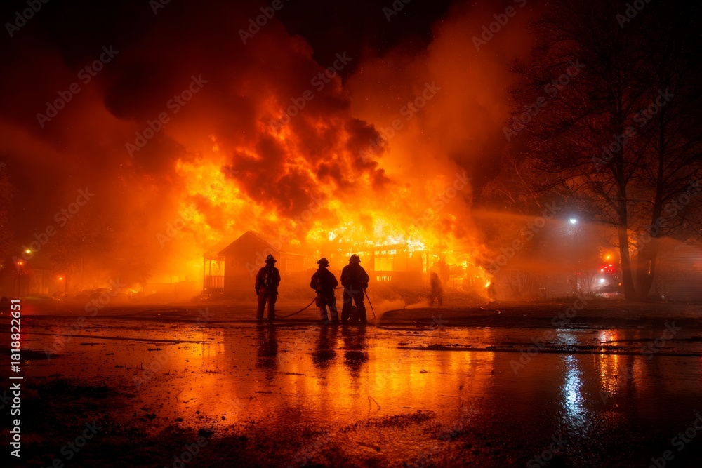 Fototapeta premium Firefighters work to extinguish a large house fire burning intensely at night