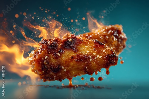 Chicken wings on fire with sauce dripping, creating a hot and sizzling effect