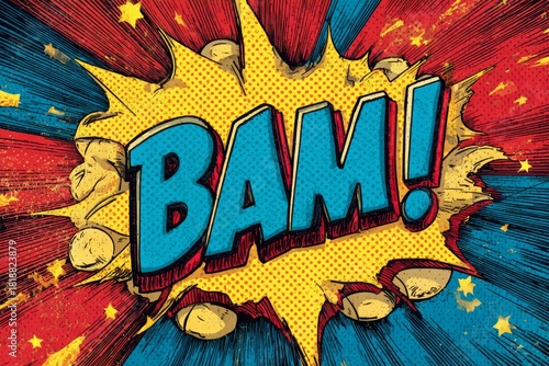Comic book explosion sound effect bam on a vibrant pop art background
