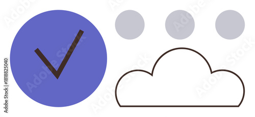 Blue checkmark within a circle, outlined cloud, and three dots overhead. Ideal for productivity, cloud storage, digital approvals, task management, completion, workflow and simple flat metaphor