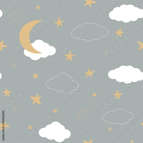 Seamless pattern with crescent moon, clouds and stars. Vector illustration of stars and clouds on a gray background, seamless pattern for children with night sky