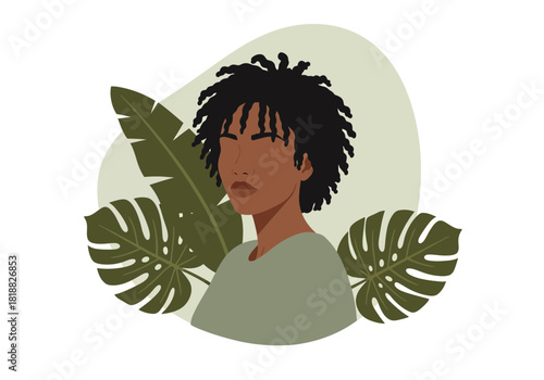 Modern abstract portrait of a woman with dark skin and afro hairstyle, surrounded by tropical leaves, minimalist flat illustration style