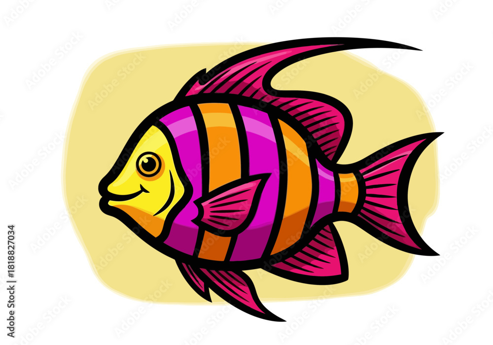 Obraz premium A colorful cartoon angelfish with pink and orange stripes swims in the ocean, isolated on a