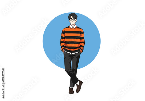 Young man wearing a striped sweater and glasses standing in front of a blue circle, isolated on