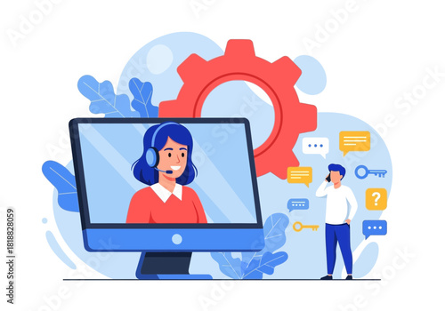 Customer support agent with headset on computer screen, customer service, technical assistance, communication, and problem solving concept illustration