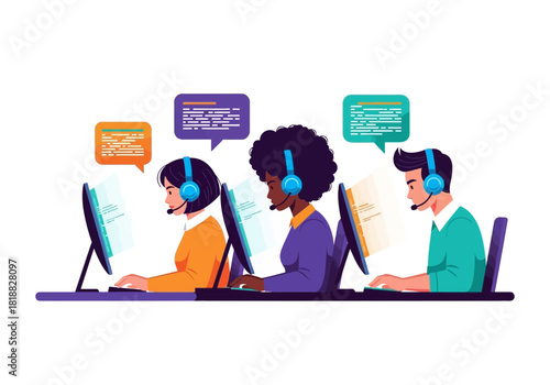 Diverse team of customer service agents wearing headsets and working on computers, communicating with clients, isolated on