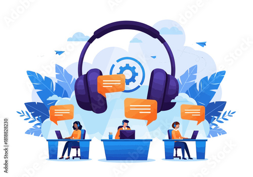 Customer service concept with people working in a call center wearing headphones and using laptops, surrounded by chat bubbles and gears