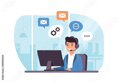 Customer service representative wearing headset and working on computer with communication icons and city skyline in background