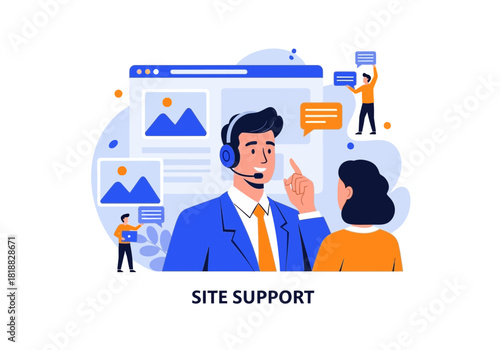 Customer support agent with headset talking to a client, representing online assistance and technical help for website users