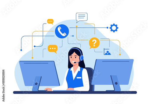 Customer service representative wearing headset and working at computer with communication icons and network connections in flat design style