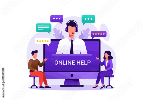 Online help and support concept, customer service representative on computer screen assisting clients with chat bubbles and star ratings, flat vector illustration