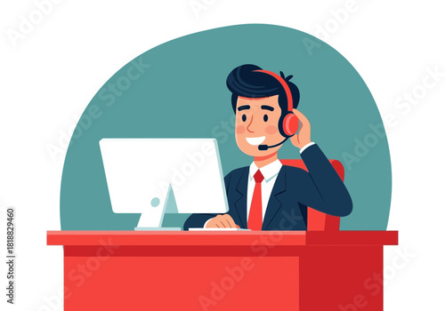 A smiling man wearing a headset and suit sits at a desk in front of a computer, representing customer service or technical support