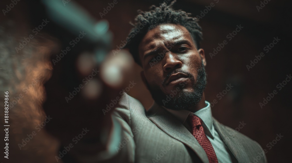 Obraz premium A man in a suit, pointing a handgun at the viewer, with a serious expression