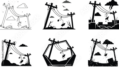 Broken utility pole illustrations, abandoned swing scenes, emotional silhouette artwork, stormy landscape visuals, industrial decay concept, black and white design