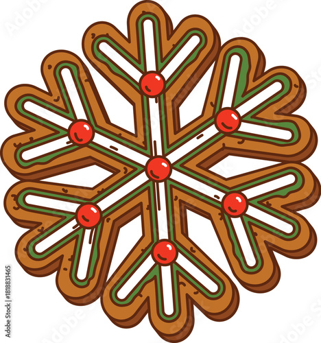 Groovy gingerbread snowflake cookie with icing and candy decorations. Retro Christmas cutout treat with cream. Funky vector snowflake cookie for trippy holiday vibe