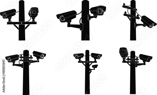 CCTV surveillance cameras silhouette, security monitoring equipment, street safety technology, digital observation system, smart city protection devices, video control infrastructure illustration