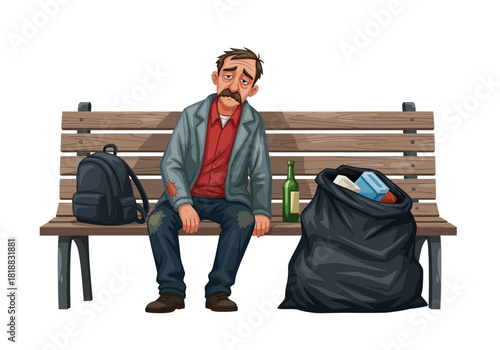 Sad, disheveled man with a mustache sits on a park bench with a backpack and trash bag, looking dejected, isolated on