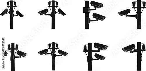 CCTV surveillance cameras silhouette, security monitoring poles, street safety technology, digital observation equipment, smart city protection system, video control infrastructure illustration