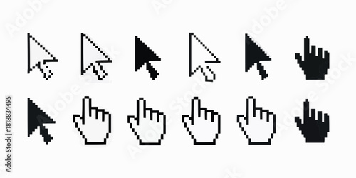 Cursor Collection: A series of computer cursors and hand pointers, essential elements in navigating digital interfaces, are elegantly arranged.