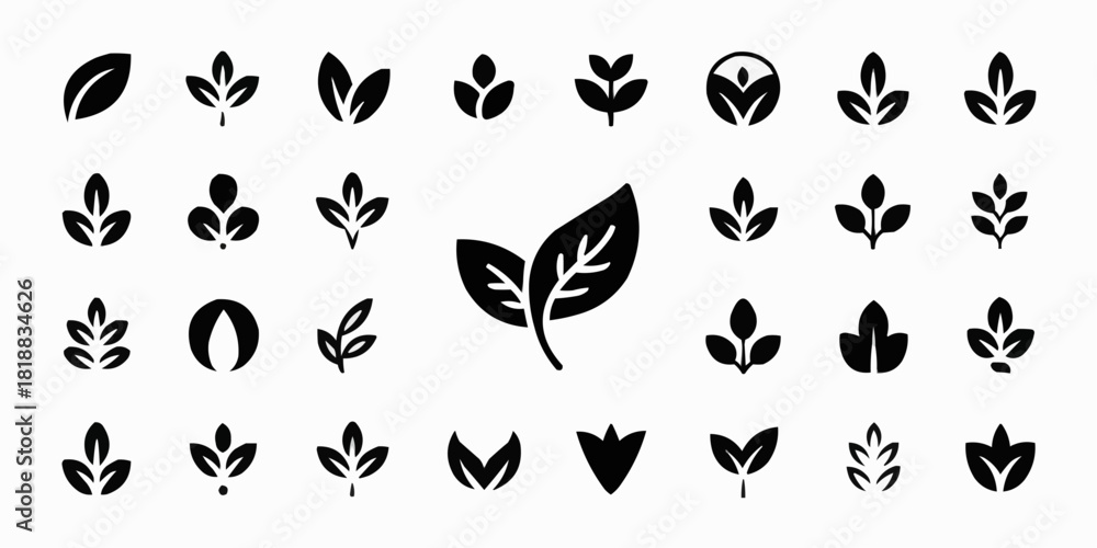 Obraz premium Leaf Collection: A set of minimalistic black leaf icons, ideal for representing growth, nature, and organic elements in design.